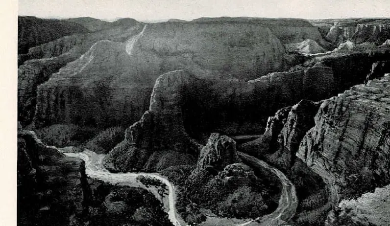 Great Bend of the Mukuntuweap in Zion Canyon from the historic brochure