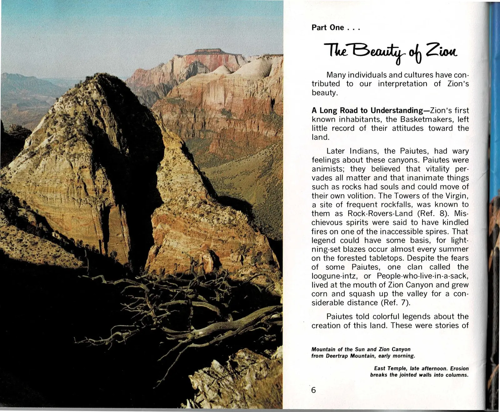 A two-page opening spread for Part One: at left, a color photograph looking down on Zion Canyon from Deertrap Mountain at sunrise, a sharp triangular peak called the Mountain of the Sun rising above layered red and white canyon walls fading into haze, with a bleached fallen tree in the foreground; at right, a text column opening with the hand-lettered title The Beauty of Zion beneath Part One, followed by the book's first paragraphs.