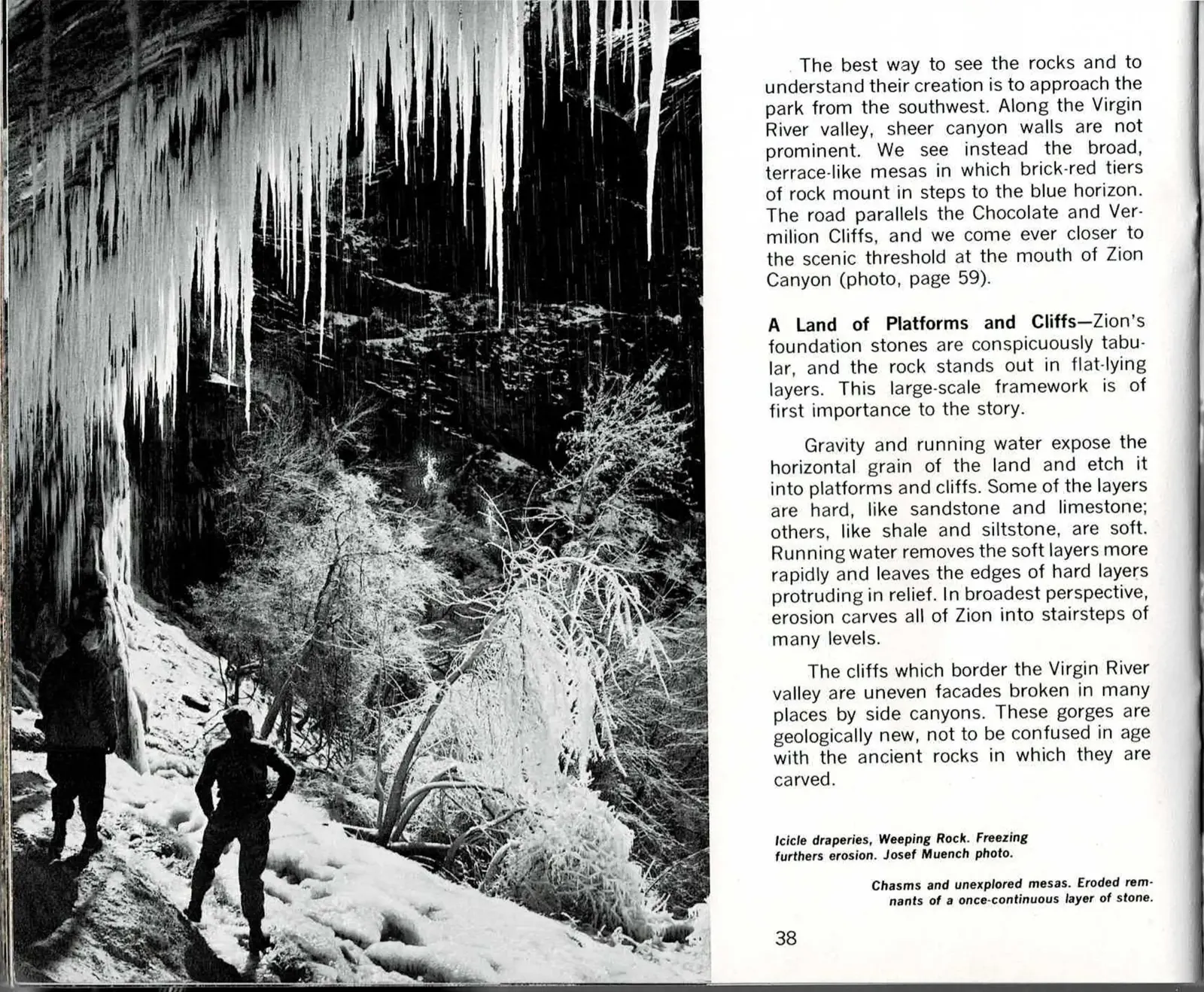 Black-and-white spread: massive icicles hang over two silhouetted hikers in a snowy canyon on the left page, facing a full-page aerial photograph of terraced, snow-dusted mesas and side canyons on the right page.