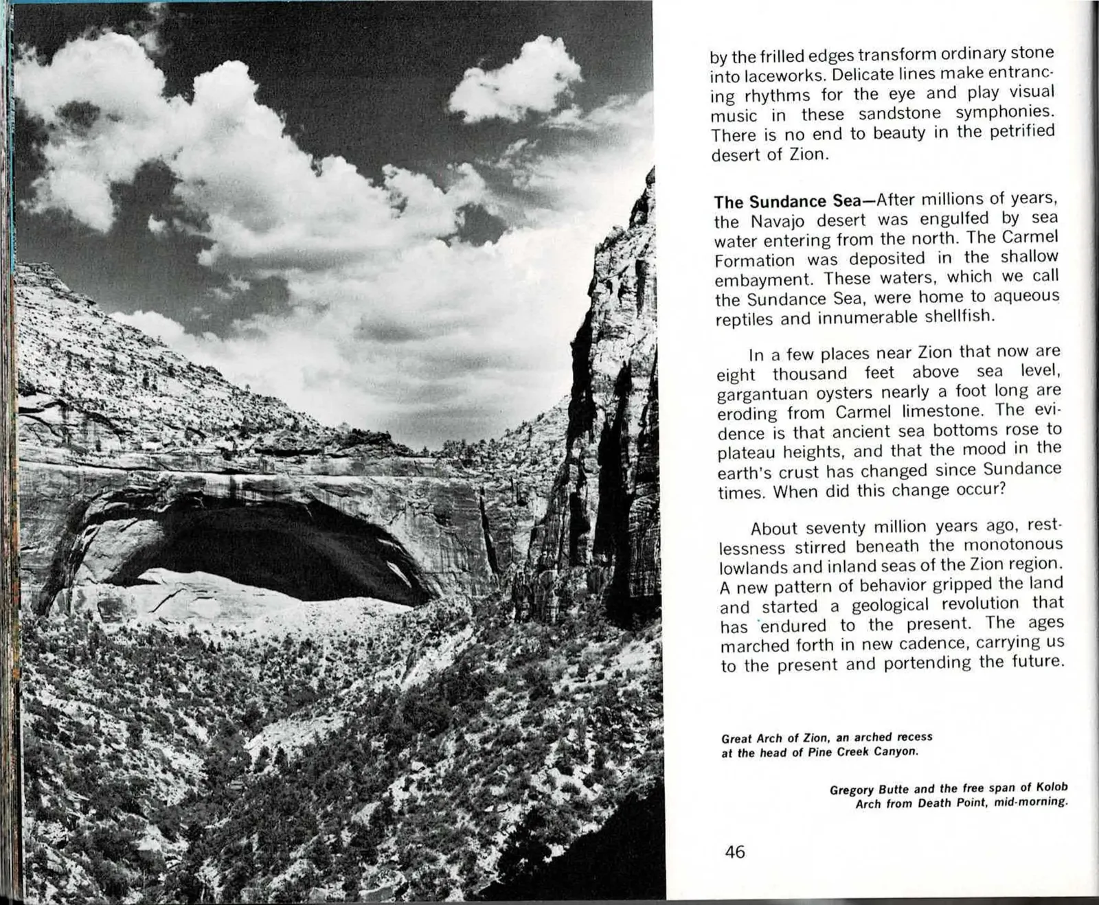 Black-and-white photograph of a canyon with a large arched rock recess beneath dramatic clouds on the left page, facing a full-page photograph of a hiker standing before a large sandstone butte with a natural arch near its base, bare trees and snow in the foreground on the right page.
