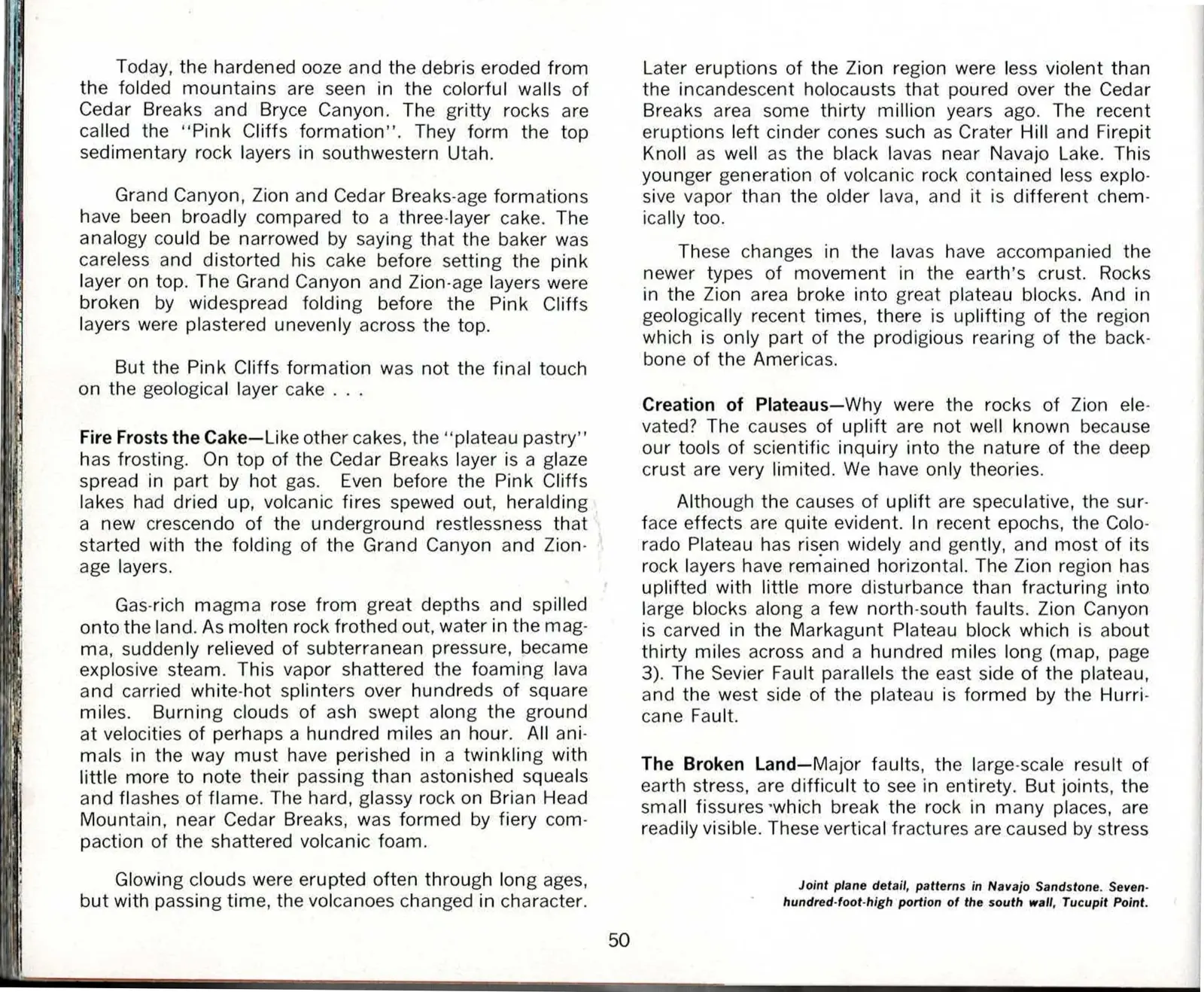 Colour spread with printed text columns for page 50 on the left, and a full-bleed black-and-white photo of a heavily fluted, joint-fractured sandstone canyon wall filling the entire right-hand page, its surface carved into sculpted pillars and buttresses by deep vertical cracks.