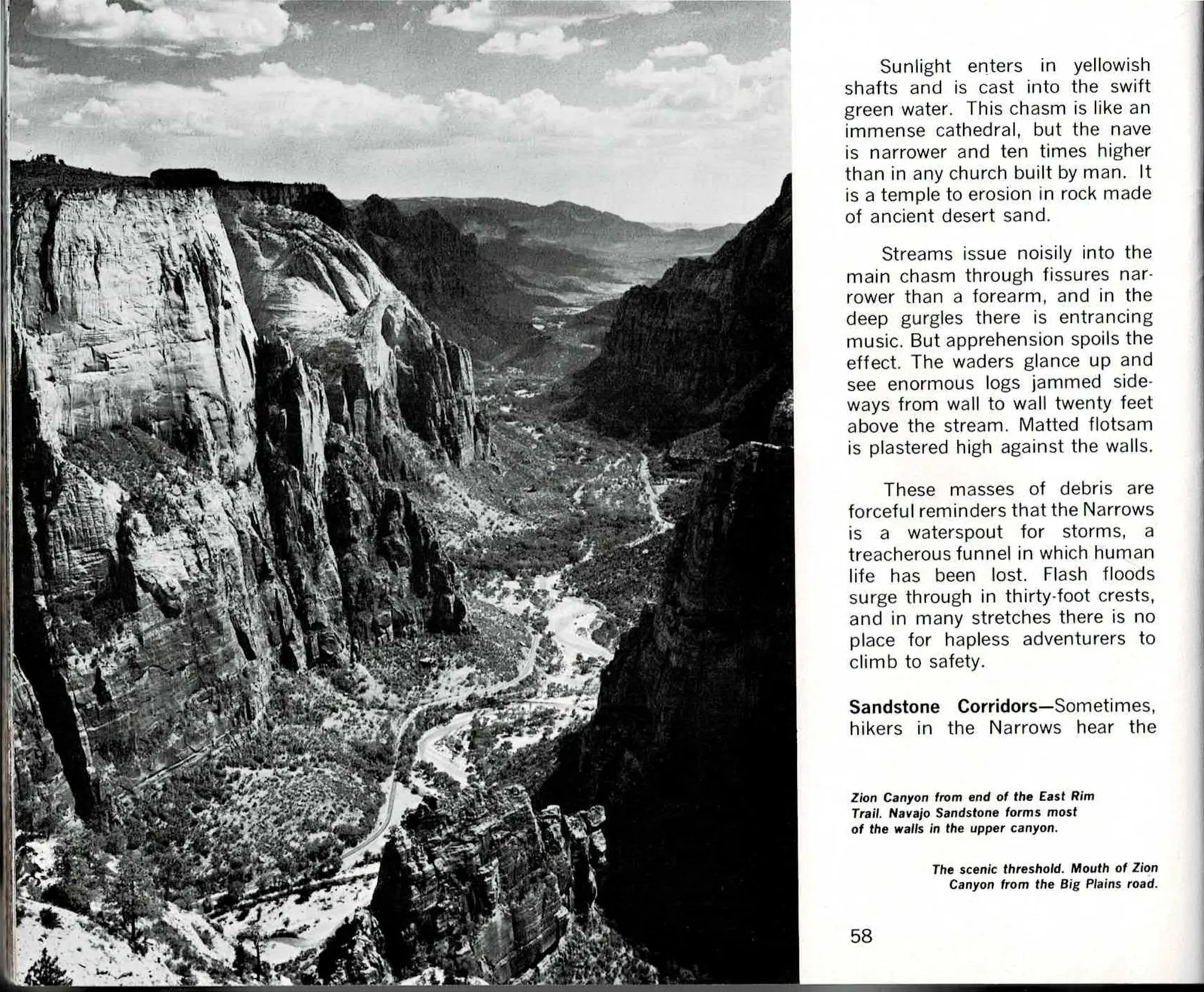Black-and-white spread with printed text columns for page 58, including the run-in heading Sandstone Corridors, above a black-and-white photo of Zion Canyon seen from the East Rim Trail with a paved road curving through forested cliffs, facing a full-bleed black-and-white photo on page 59 of a large cumulus cloud bank towering over layered mesas and buttes.