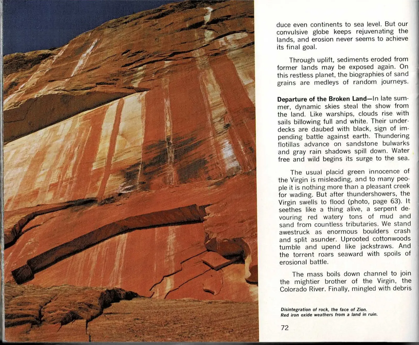 Color spread for page 72, showing a deeply streaked red sandstone cliff face weathering into vertical bands beside printed text columns including the run-in heading Departure of the Broken Land, facing page 73's closing text columns and a color photograph filling roughly two-thirds of the page, showing the Great White Throne monolith lit in late-afternoon autumn light with golden cottonwoods at its base.