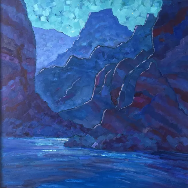 Grand Canyon, an oil painting by Paula Swain: blue and violet canyon walls above a river