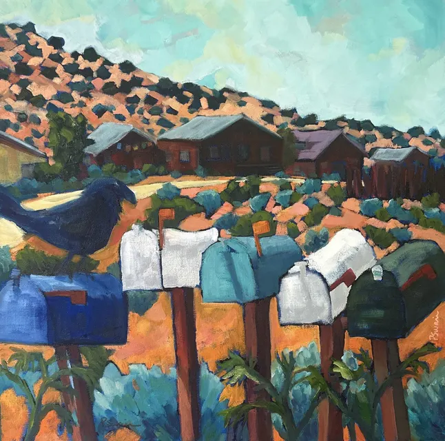 Shiny Objects, an oil painting by Paula Swain of a crow perched on a row of mailboxes in a New Mexico village