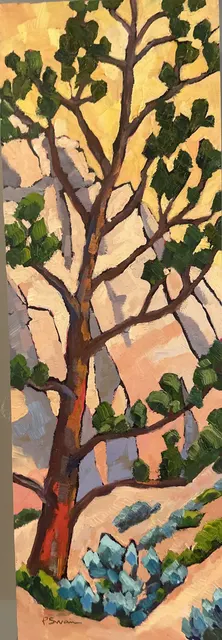 Zion, a tall oil painting by Paula Swain of a pine tree against pale sandstone cliffs