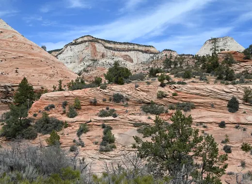 Layered Navajo sandstone formations on the east side of Zion National Park