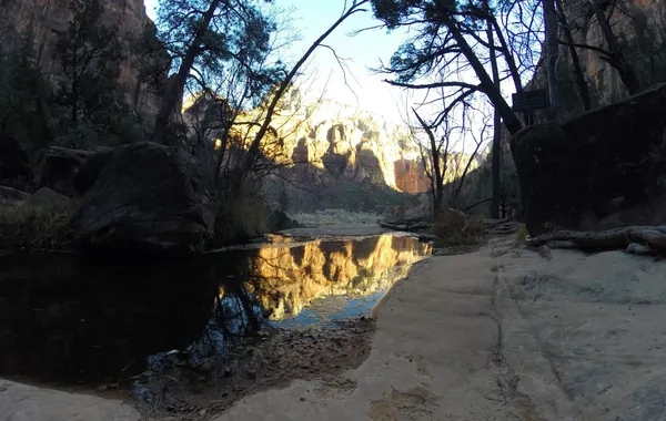 A calm reflective pool below red cliffs near the Emerald Pools trail in Zion
