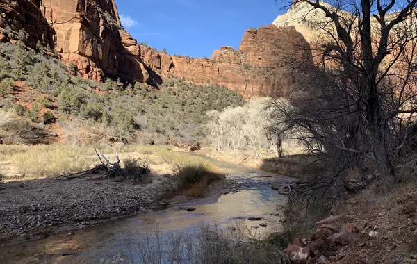The Virgin River winding below red cliffs along the flat, paved Pa'Rus Trail