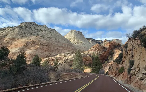 Road through Zion National Park canyon