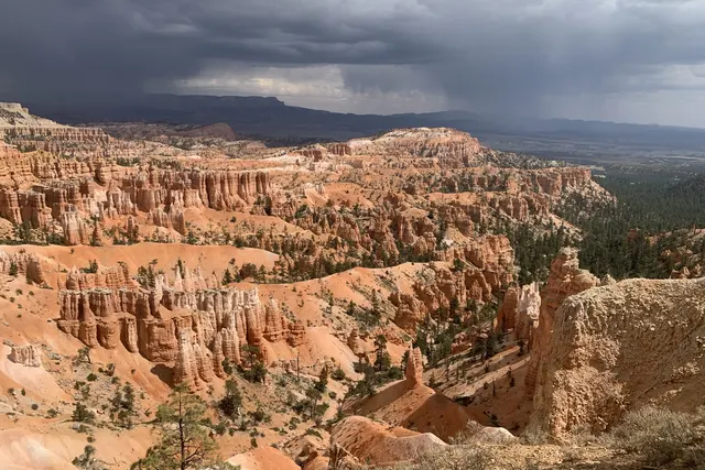 Storm clouds over the hoodoo amphitheater at Bryce Canyon National Park