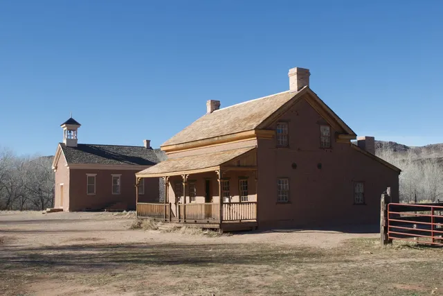 Restored pioneer buildings at Grafton, across the river from Rockville