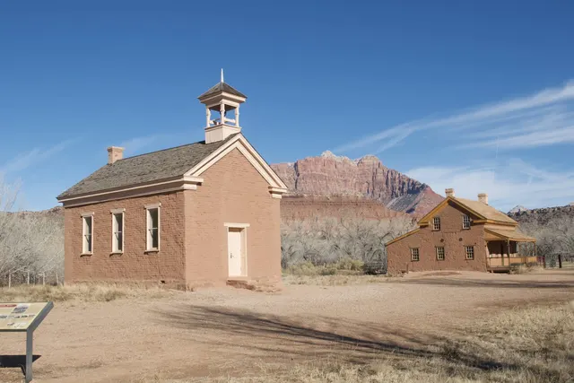 The 1886 Grafton schoolhouse below Zion's cliffs, near Rockville