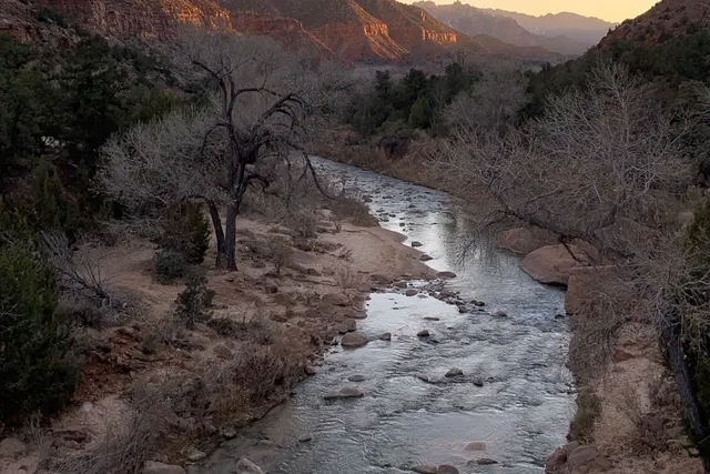 A shallow river bending below canyon walls touched by warm light