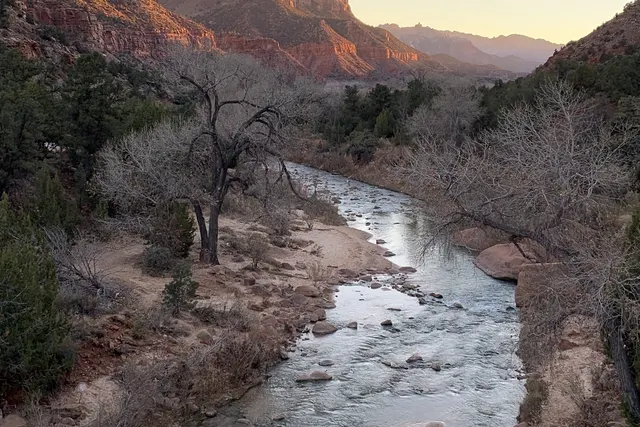 The same river bend from a slightly different angle, canyon walls catching warm light